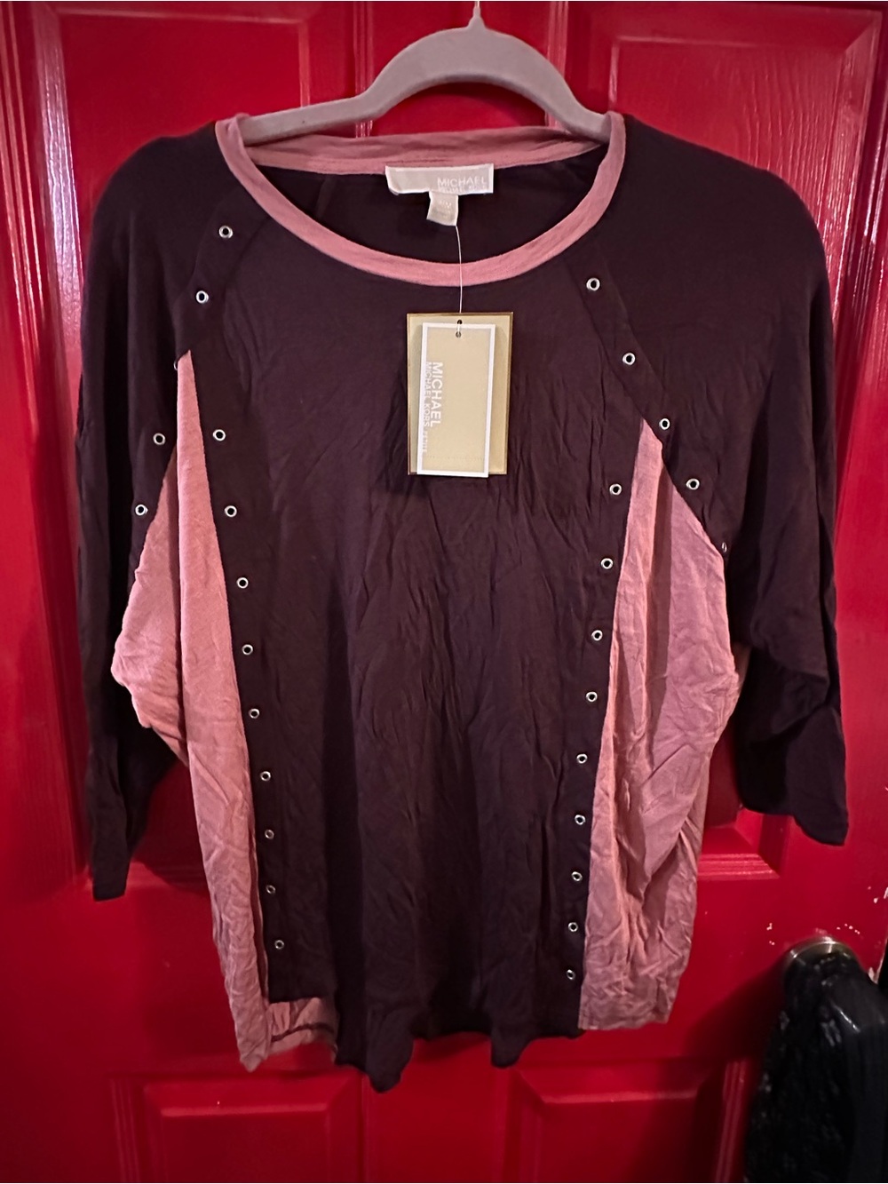 Michael Michael Kors Two-Tone Pink Burgundy Eyelet Trim Top petite medium NWT